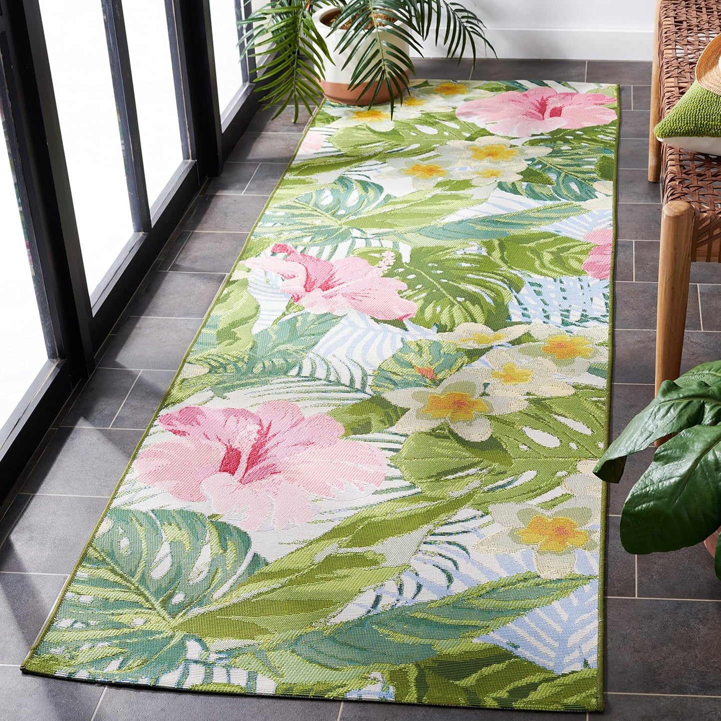 Alfombra lavable exterior 2'8x10'5 verde y rosa BAR516X
