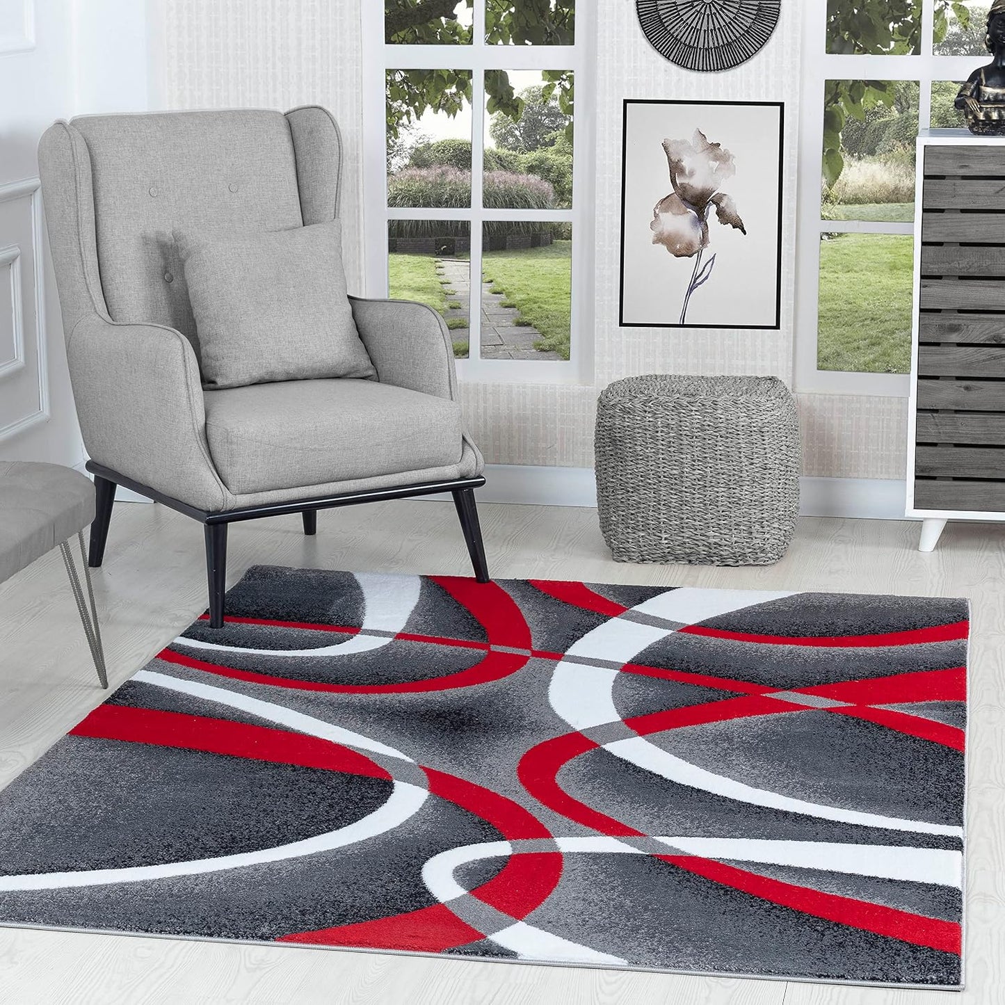 Alfombra roja 4x6ft diseño remolinos grises contemporáneo