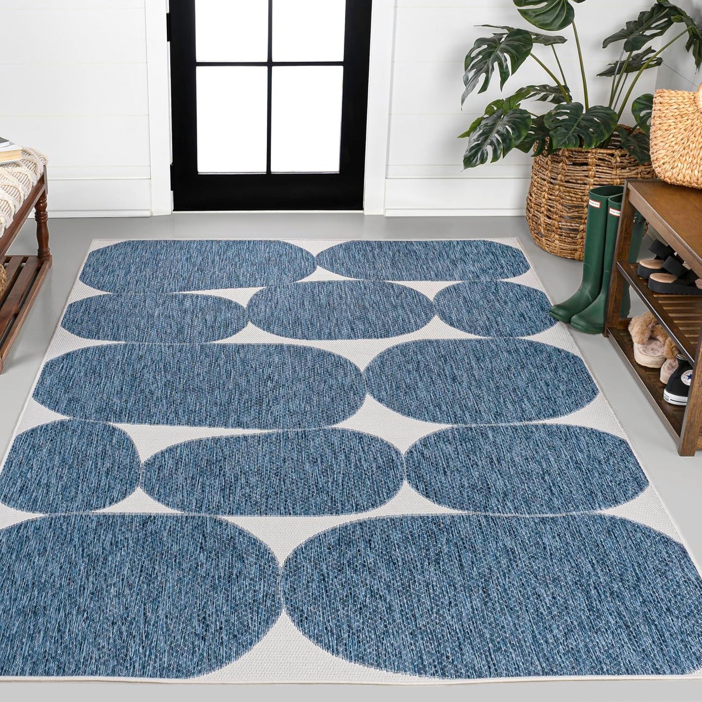 Alfombra geométrica 8x10ft azul marino/crema resistente