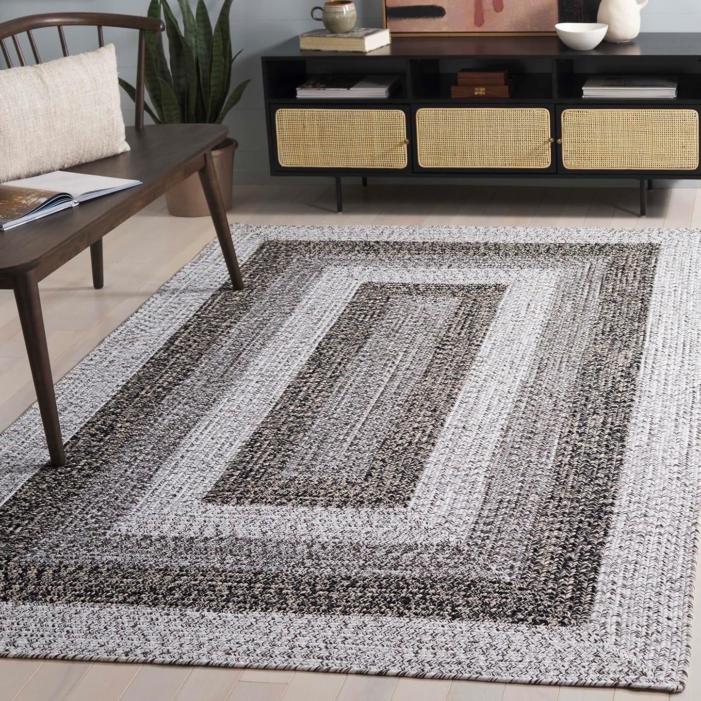 Alfombra exterior trenzada 3ft cuadrada marfil y negro