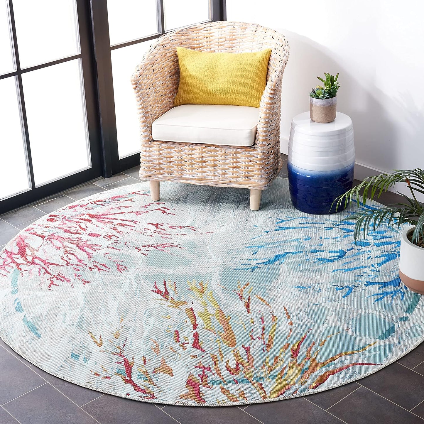 Alfombra exterior redonda 5.3ft color verde y blanco lavable