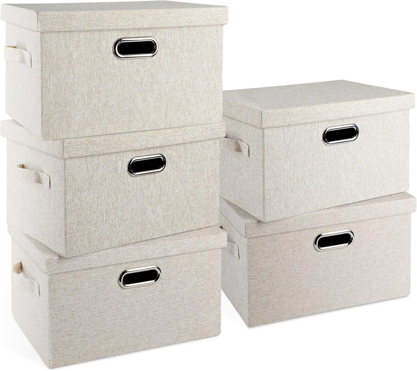 Cestas plegables de lino beige 15x21" con tapa 5 pzas