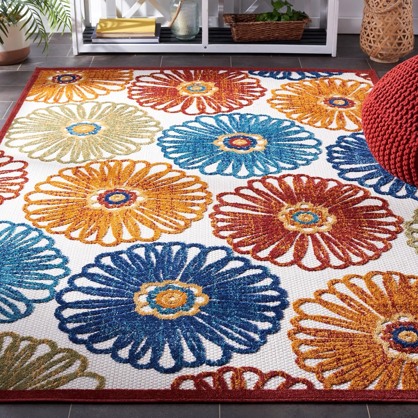 Alfombra exterior lavable 5'3x7'6 crema y rojo CBN801A