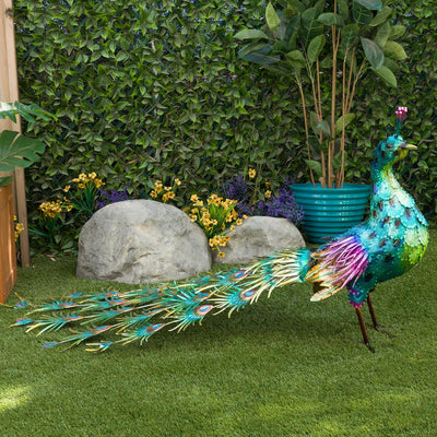 Estatua pavo real metal grande 33pulg azul