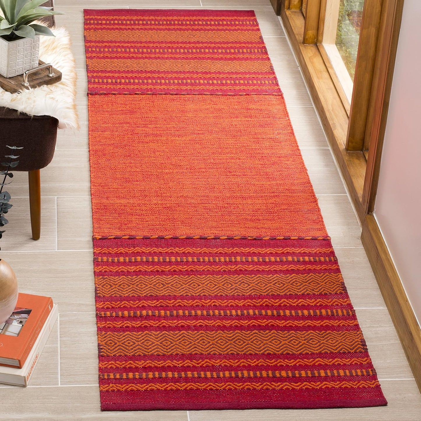 Alfombra decorativa algodón 2'6"x4' naranja y rojo tejido