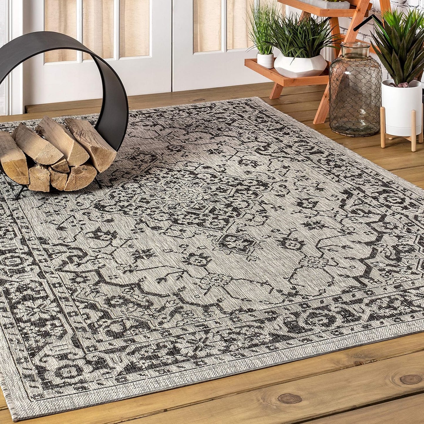 Alfombra bohemia 5x8ft gris/negro texturizado patio