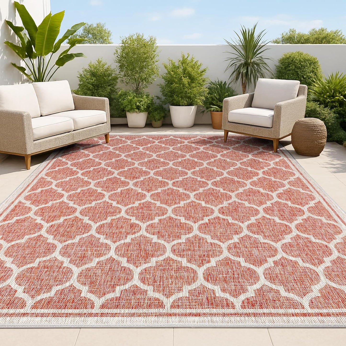 Alfombra marroquí enrejada 8x10ft rojo/beige texturizado