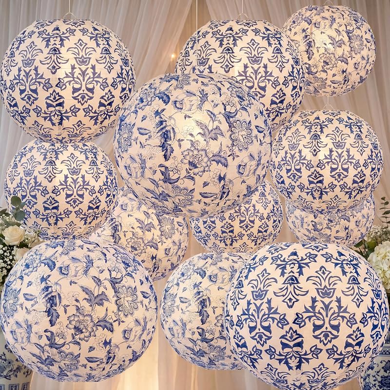 12 Faroles Chinoiserie 10pulg Azul Blanco Colgantes