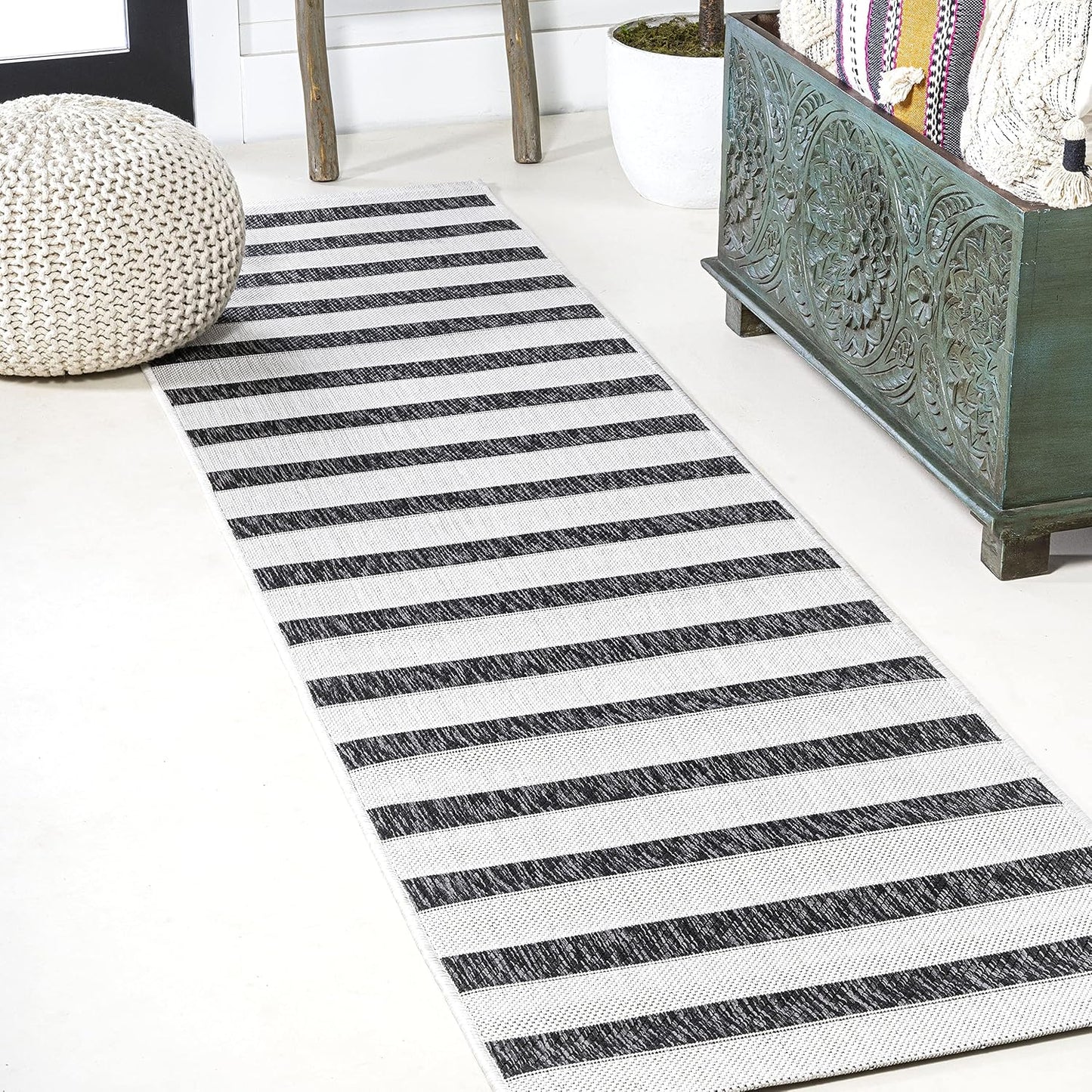 Tapete rayas anchas 2x10ft negro crema para patio exterior