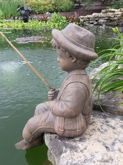 Estatua piedra fundida niño pesca decoración jardín