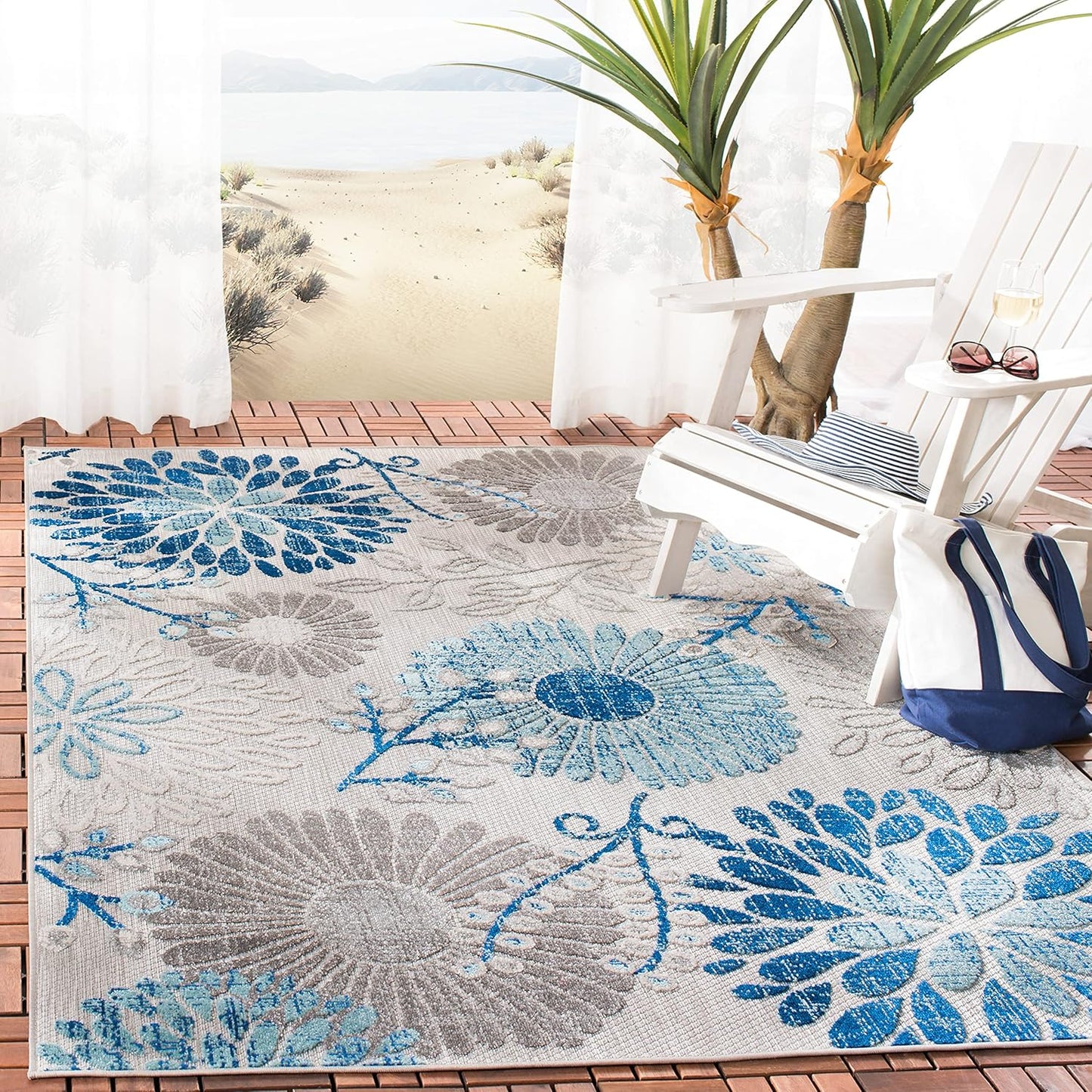 Alfombra exterior lavable 5'3x7'6 gris y azul patio