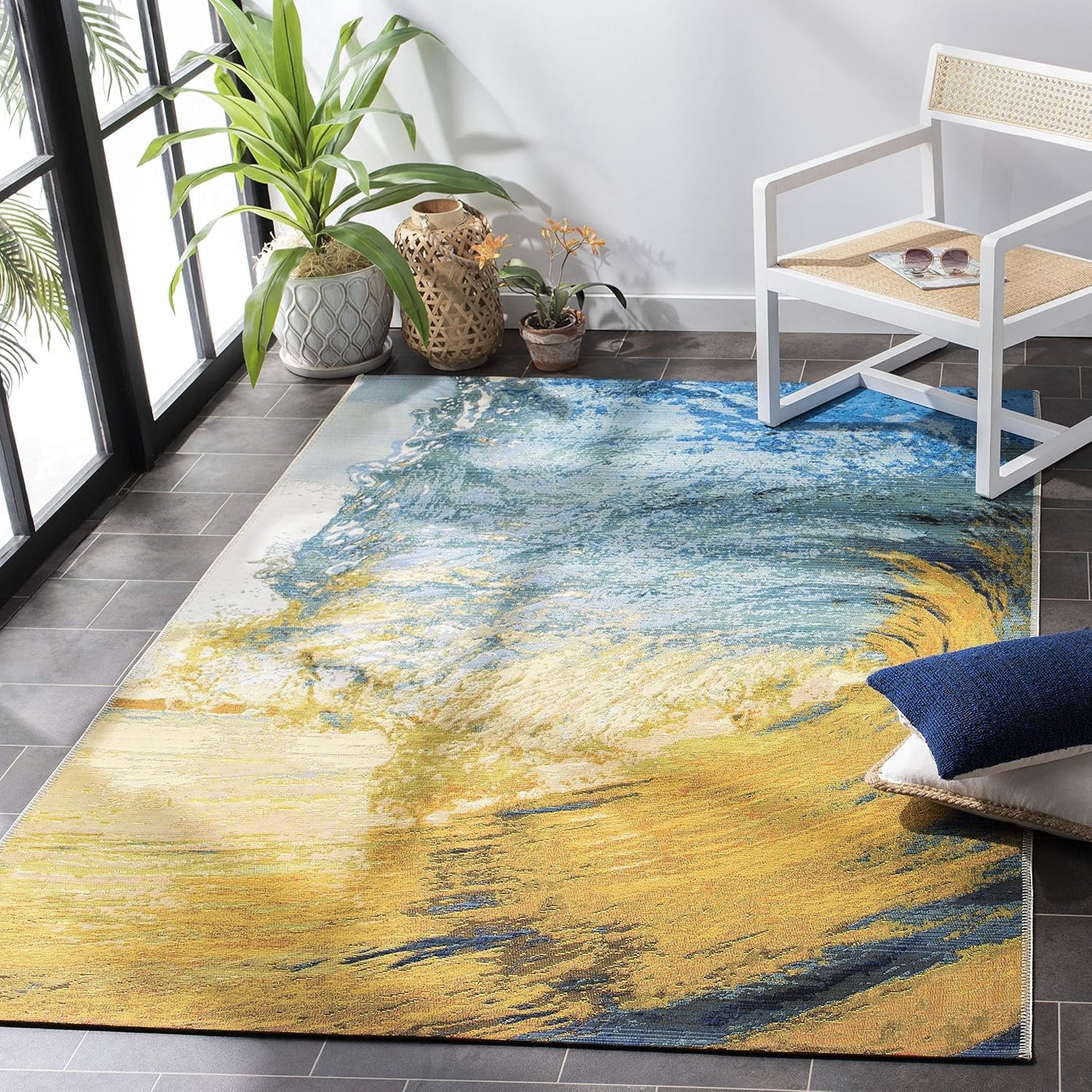 Alfombra área 5.3x7.6pies ondas tropicales azul y dorado