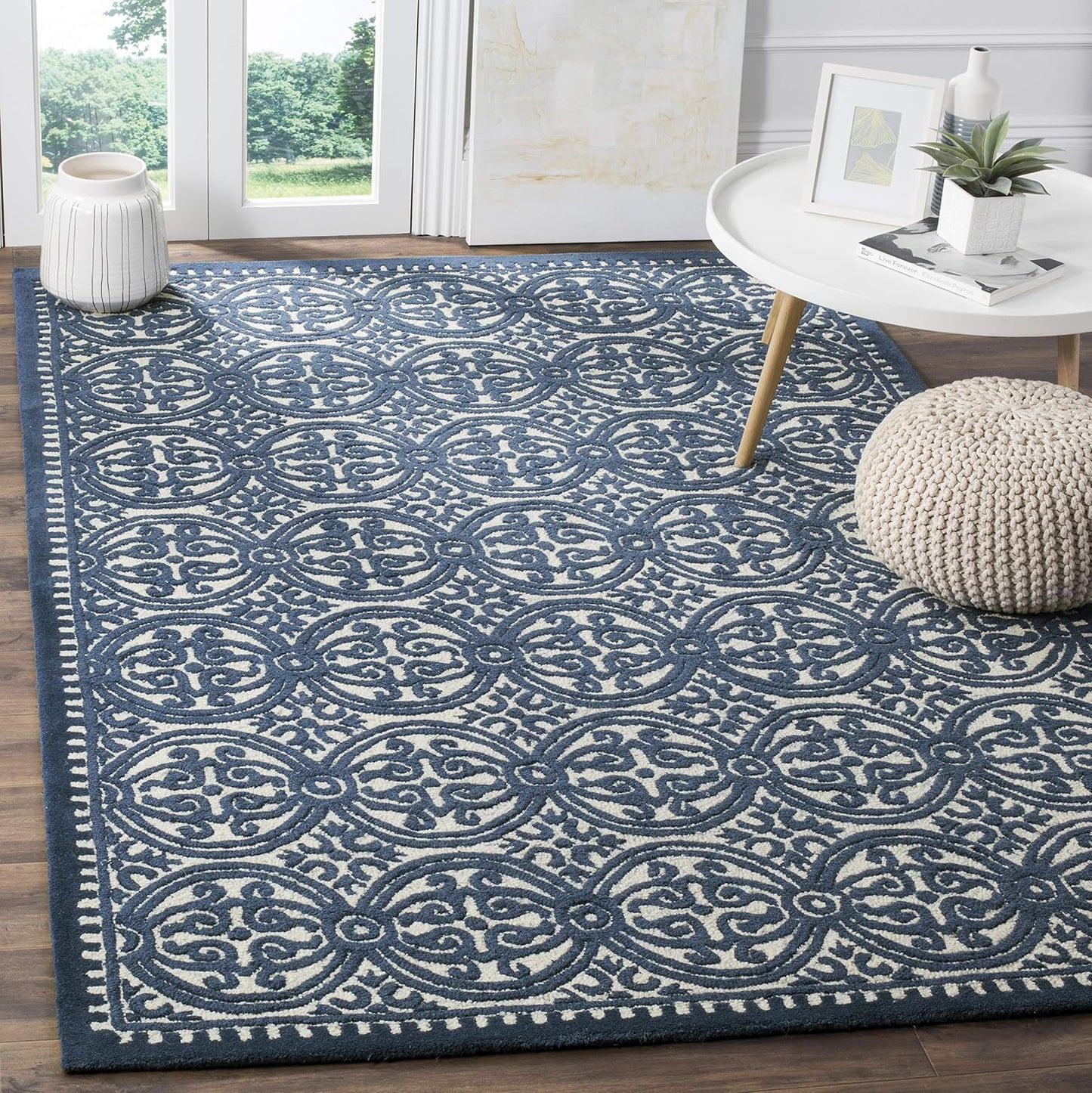 Alfombra decorativa 4x6ft marfil y azul marino lana marroquí