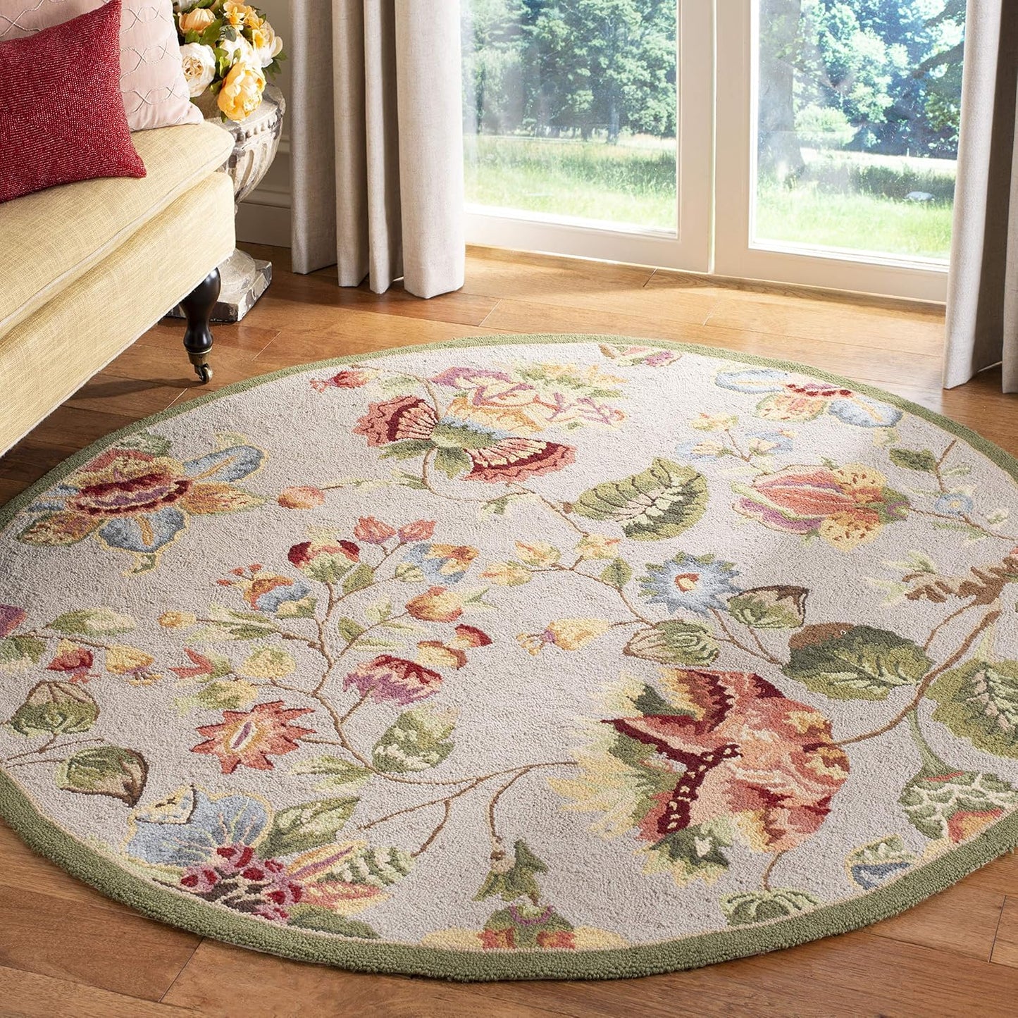 Alfombra redonda sala dormitorio lana enganchada salvia