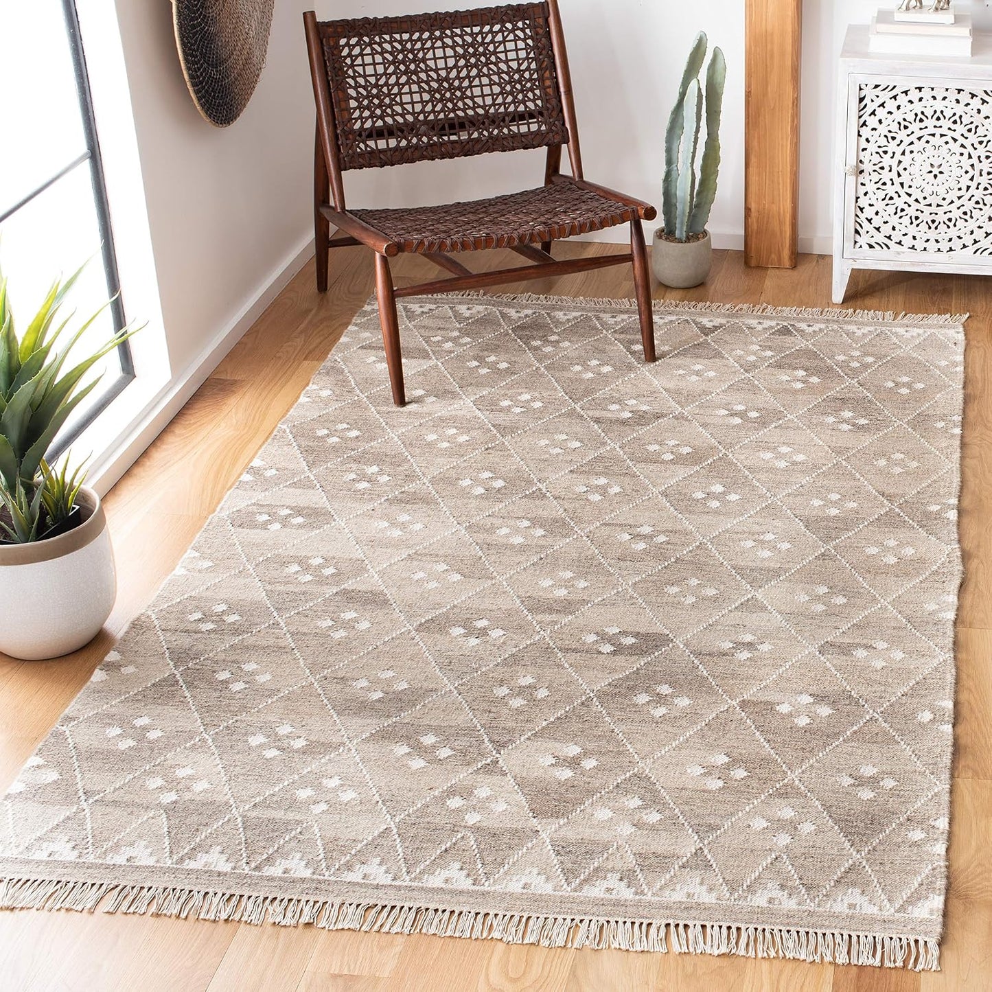 Alfombra Kilim 6x9ft Natural y Marfil Hecha a Mano