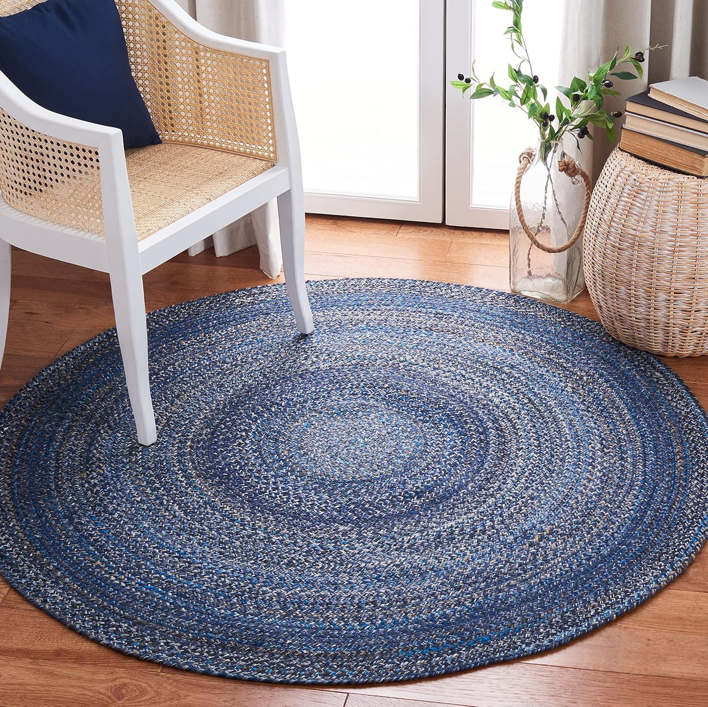 Alfombra redonda BRD851N estilo cabaña azul 3' reversible