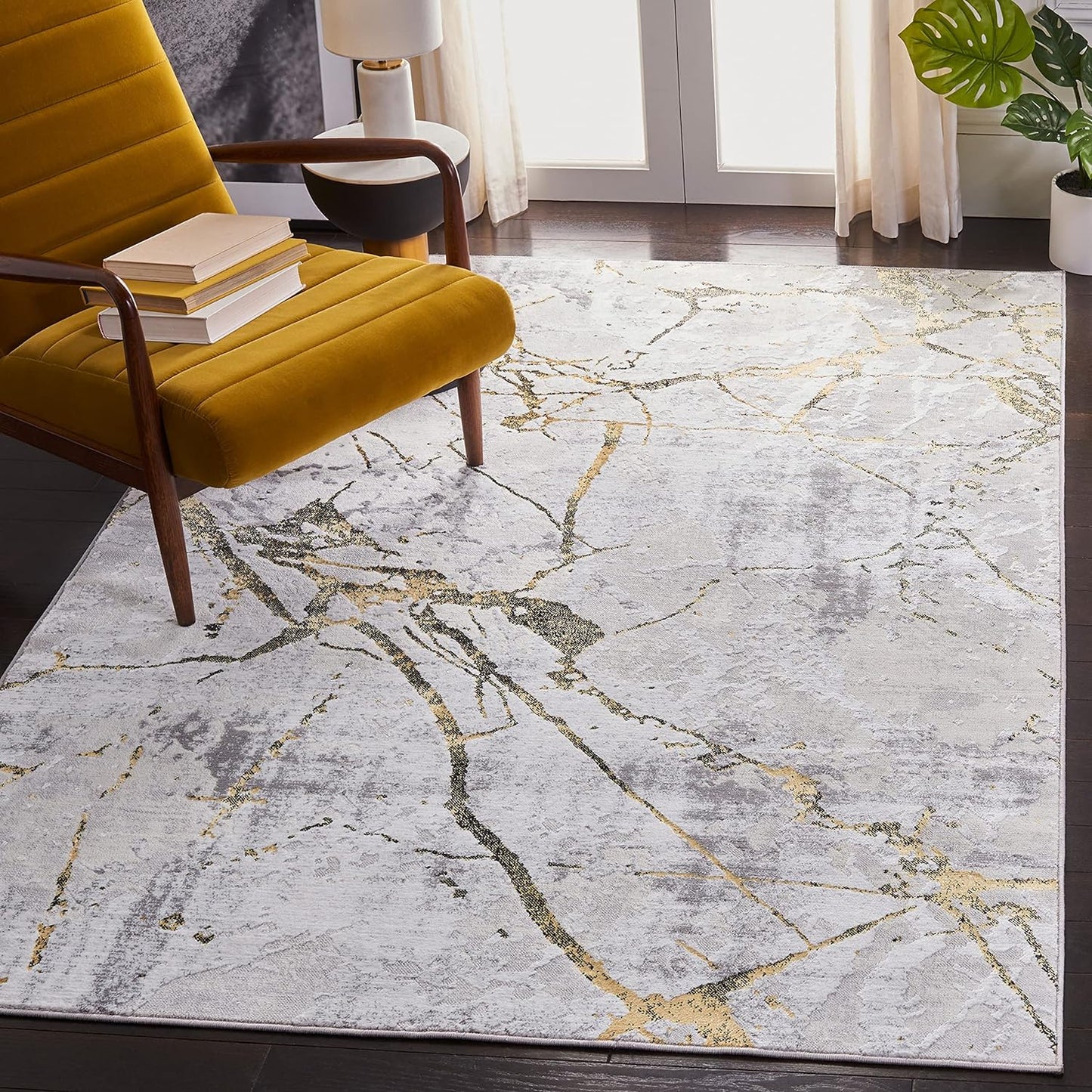 Alfombra decorativa 3x5ft diseño abstracto gris y dorado