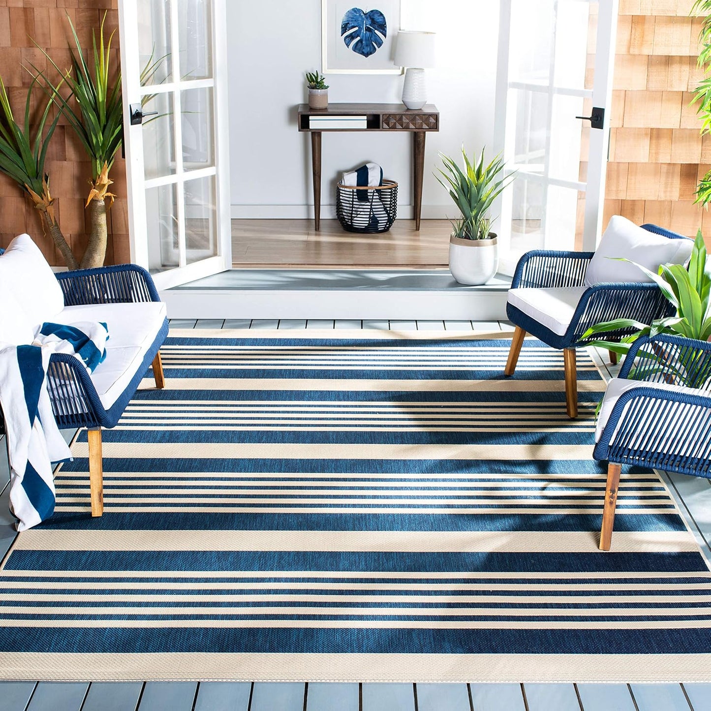 Alfombra exterior lavable 5.3ft2 azul marino y beige