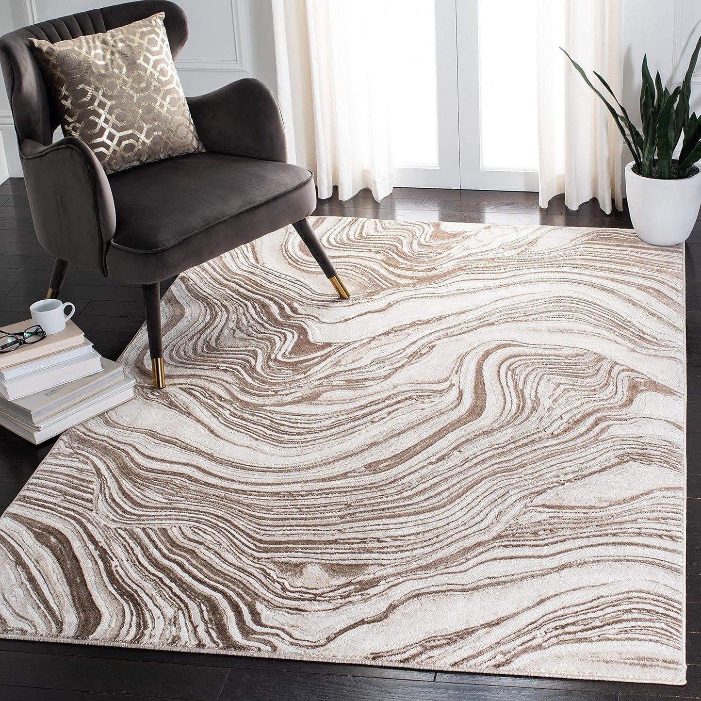 Alfombra área 5'3"x7'6" beige marrón diseño abstracto