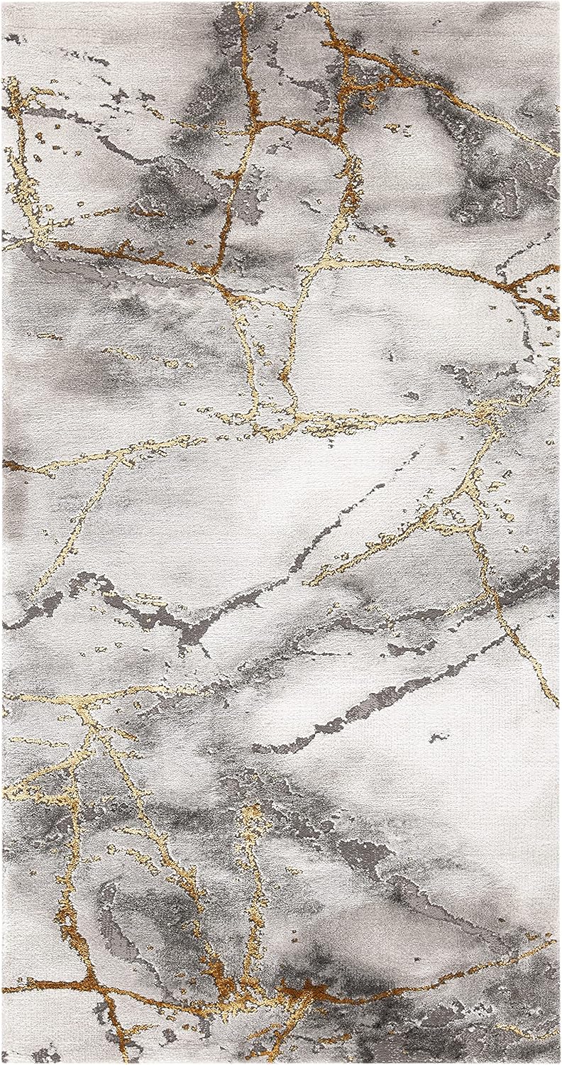 Alfombra decorativa 2'3x4' gris y dorado abstracta