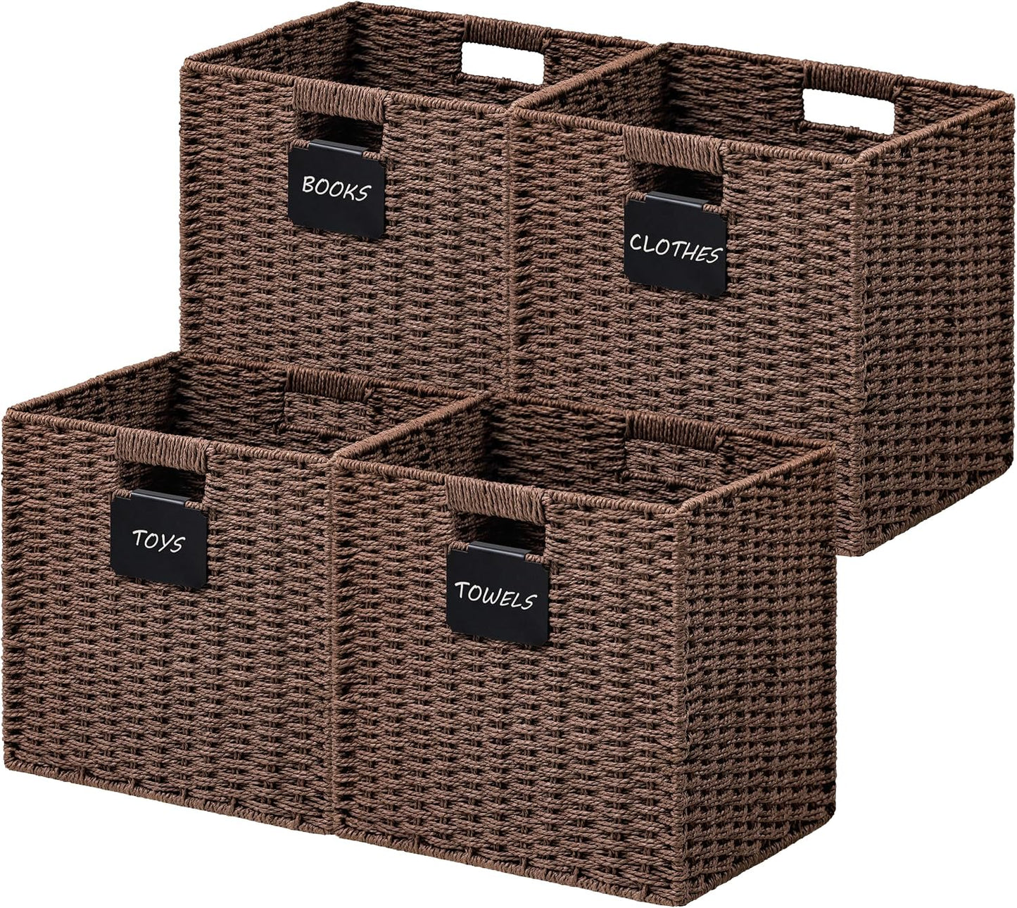 4 Cestas Mimbre 13x13" Plegables con Asa y Etiqueta
