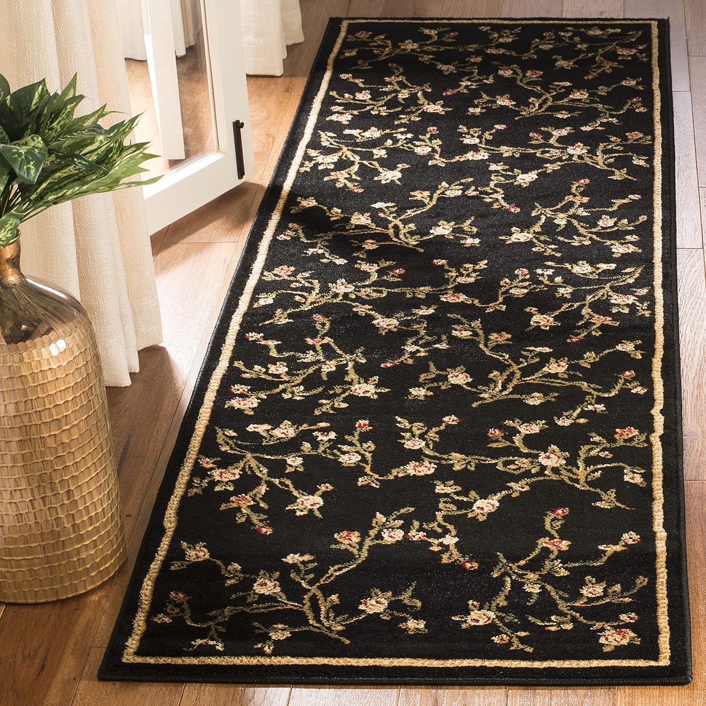 Alfombra pasillo 2'3"x8' color negro diseño floral no pelusa
