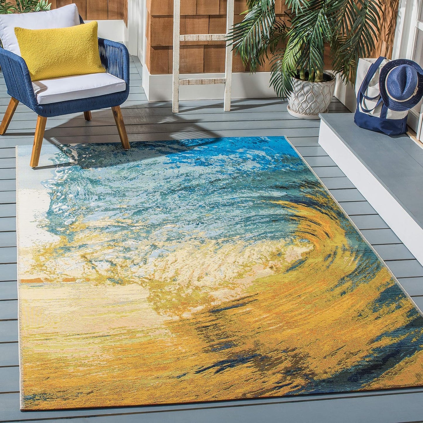 Alfombra área 5.3x7.6pies ondas tropicales azul y dorado
