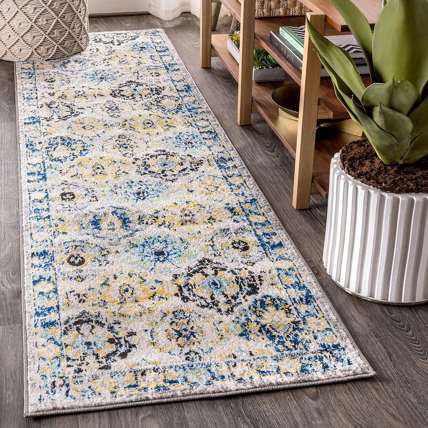 Alfombra bohemia enrejada azul 2x8" sala cocina