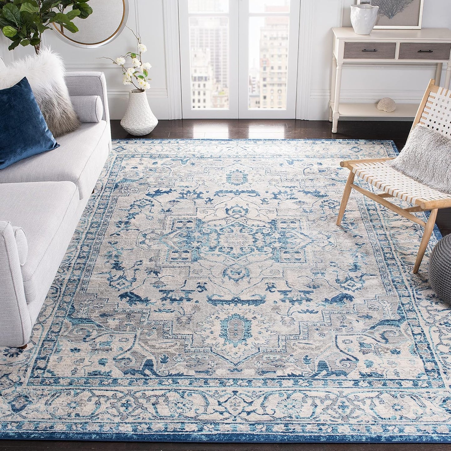 Alfombra decorativa 3x5ft gris claro y azul medallón