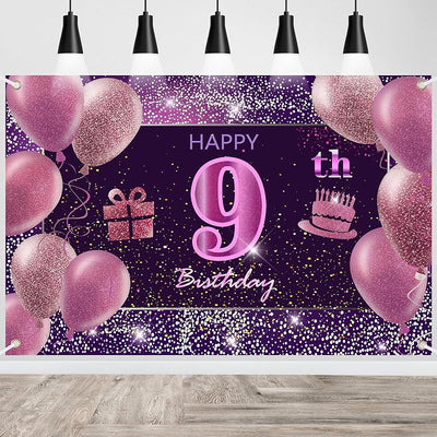 Pancarta feliz cumpleaños niña telón rosa