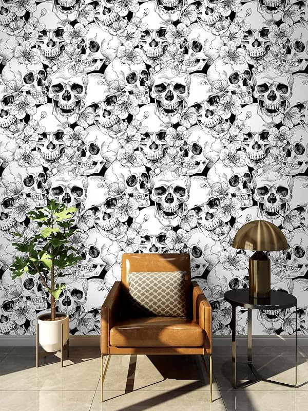Papel tapiz floral calavera azúcar negro/blanco 17.5x393.7"