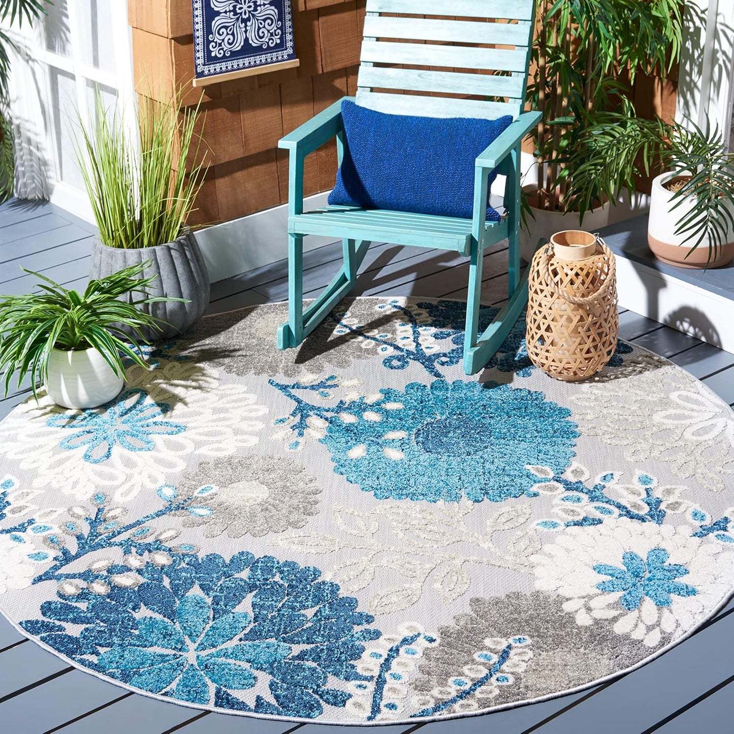 Alfombra exterior lavable redonda 6'7" gris y azul