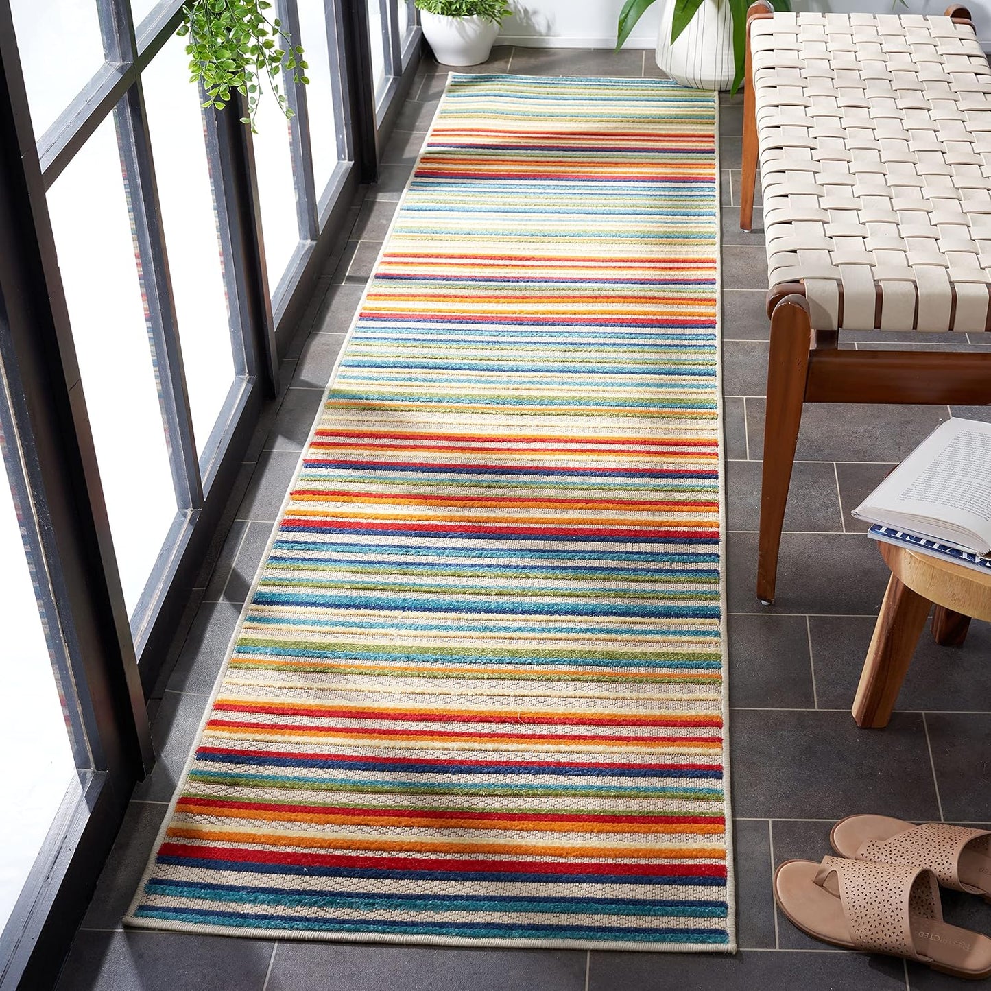 Alfombra exterior lavable 2.2x11ft marfil y verde
