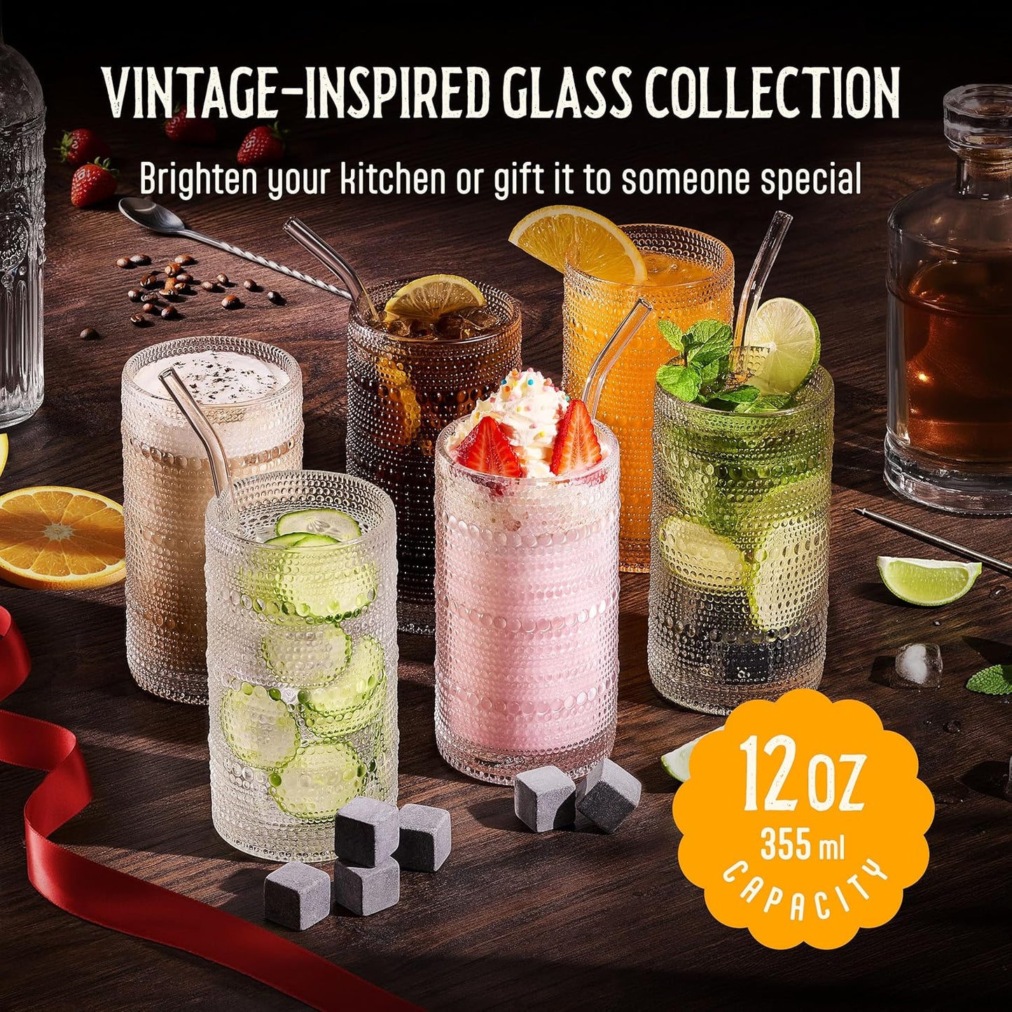 8 Vasos Beber 12oz Borde Burbuja Cristalería Multiusos