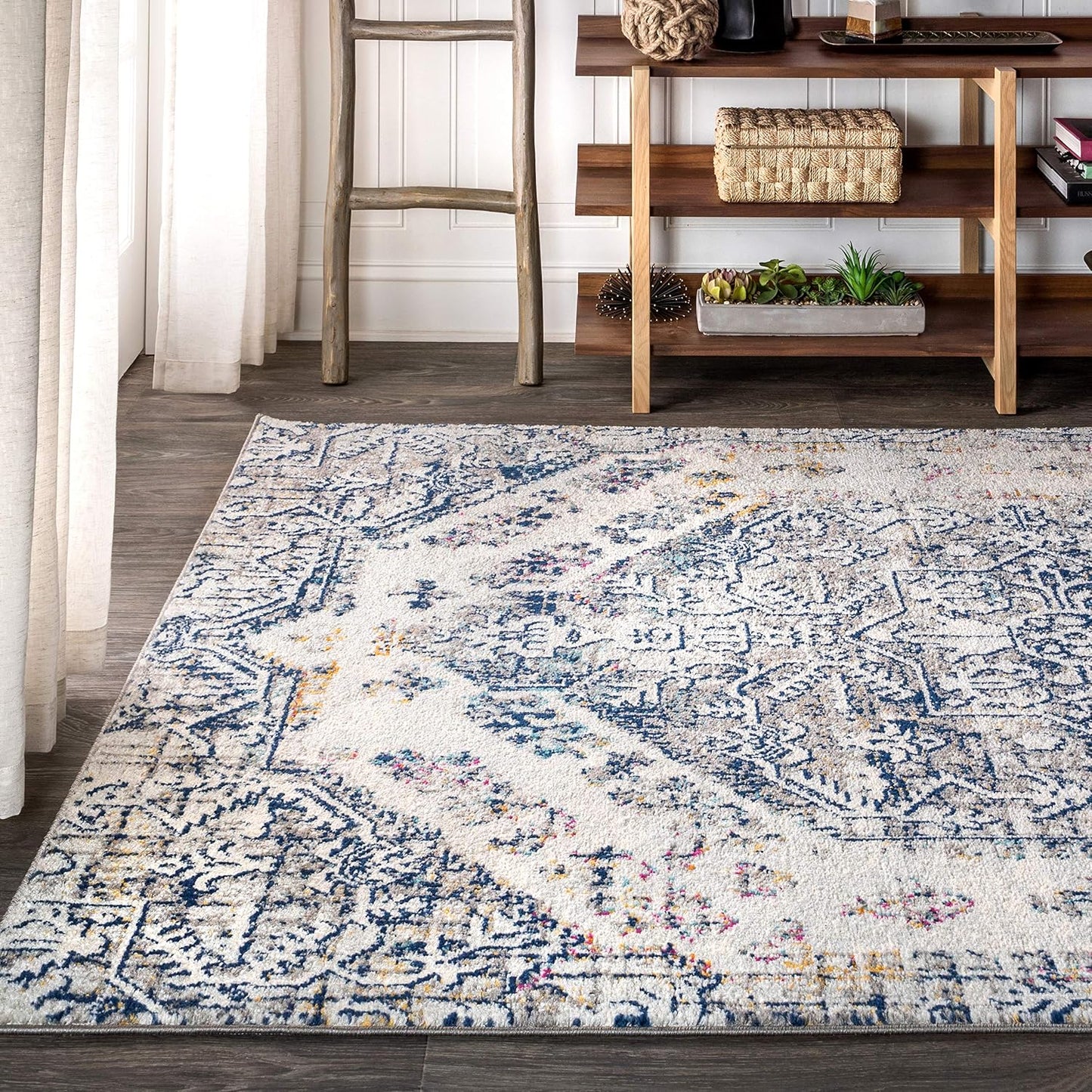 Alfombra bohemio crema/azul 3x5ft sala dormitorio cocina