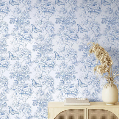 Papel tapiz vintage floral azul y blanco 15.7x118pulg autoadhesivo