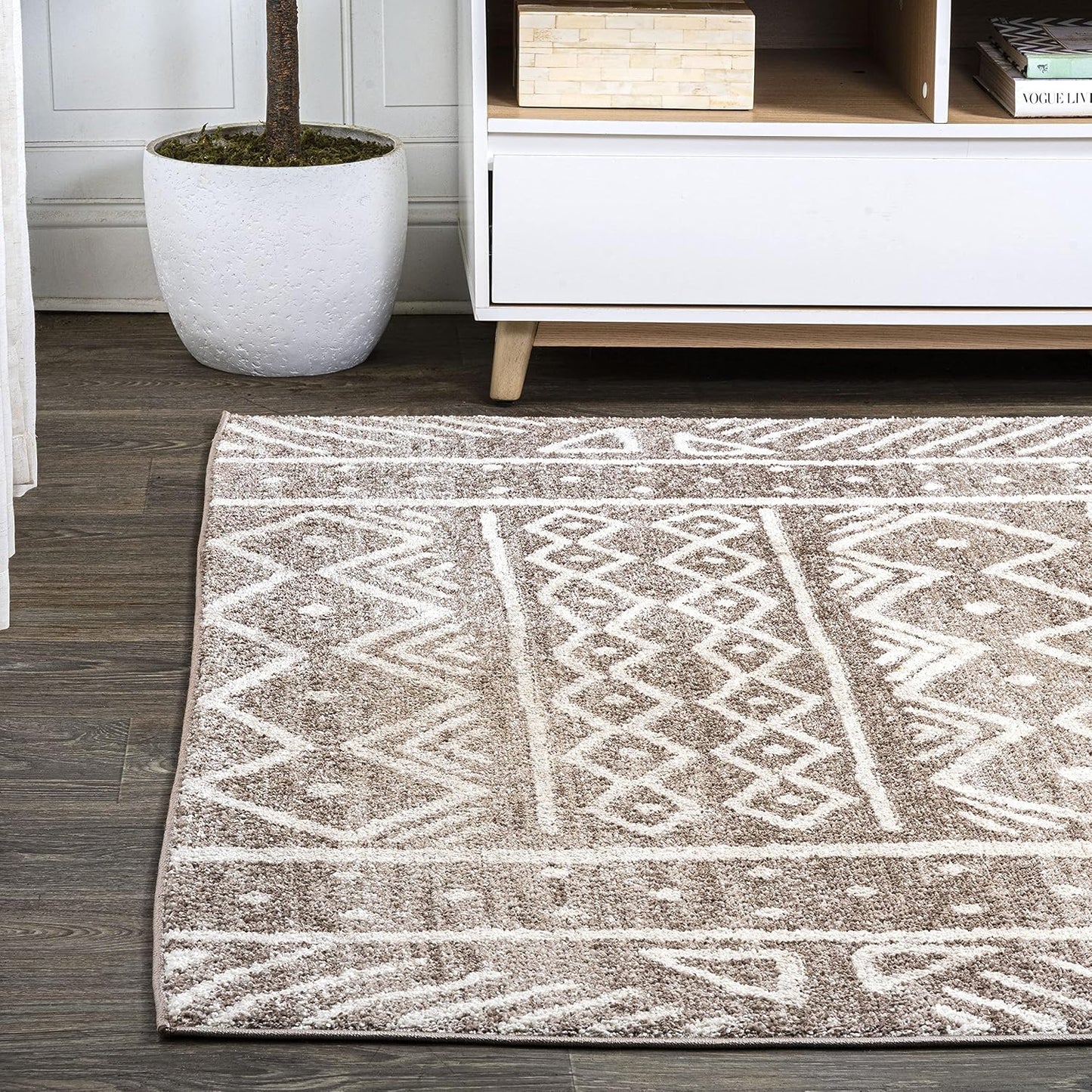 Alfombra tribal geométrica 3x5 marrón/marfil apta mascotas