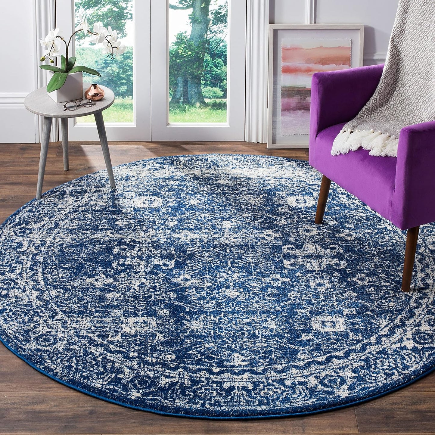 Alfombra redonda 3' estilo shabby chic azul marino/marfil
