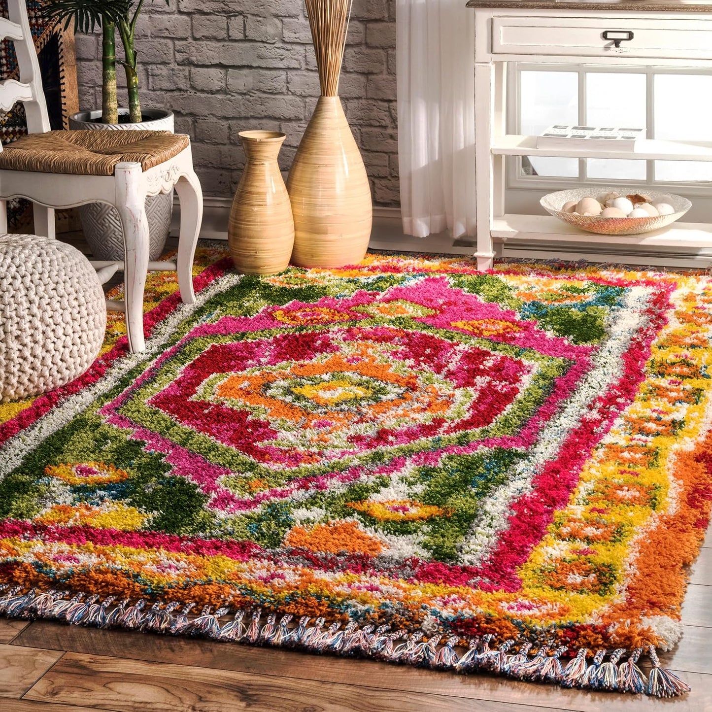 Alfombra marroquí multicolor marfil 5.3x7.6ft suave