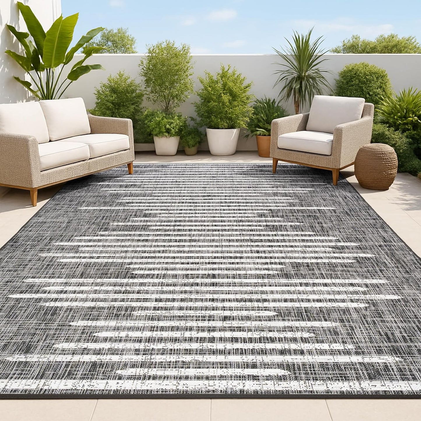 Alfombra geométrica rayas 4x6ft negro/marfil exterior