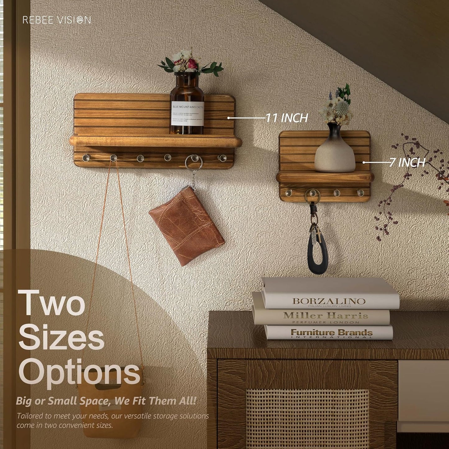 Soporte pared llaves madera pino 11" 6 ganchos marrón claro