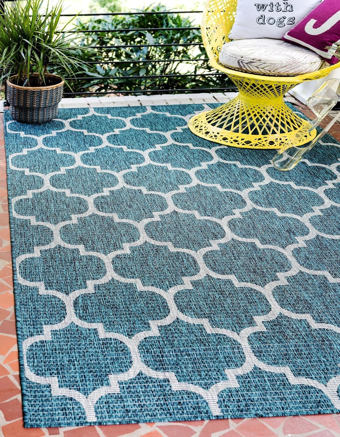 Alfombra área exterior 9x12ft rectángulo verde azulado/gris