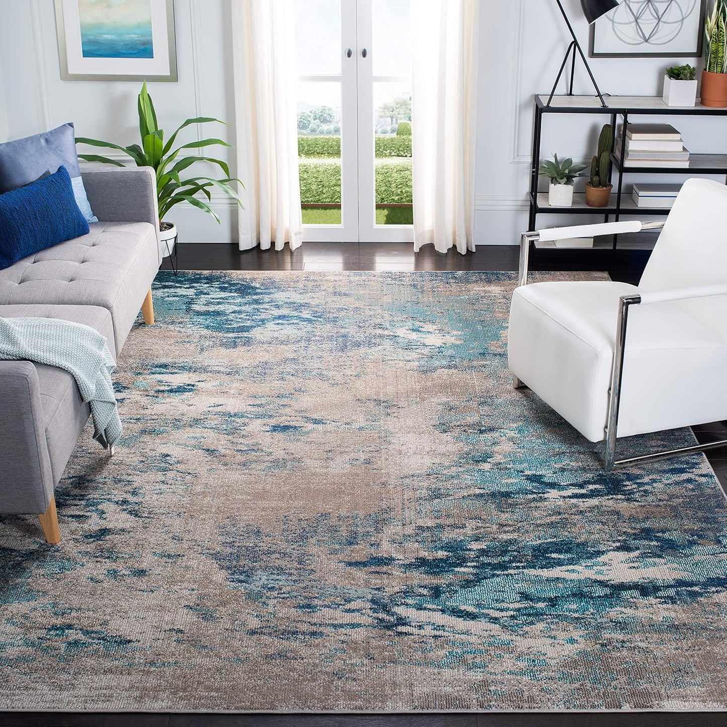 Alfombra cuadrada 3ft diseño bohemio azul gris sala