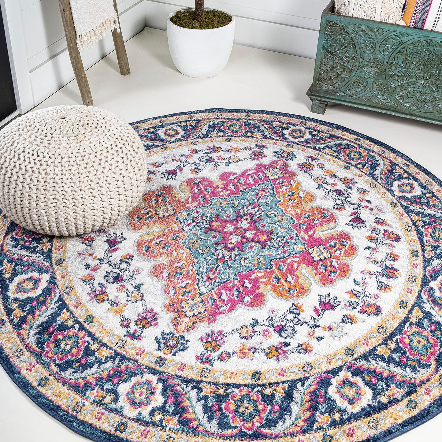Alfombra redonda boho azul/multi para sala dormitorio