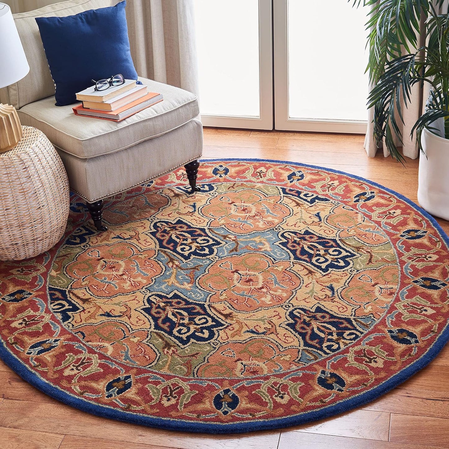 Alfombra redonda lana oriental hecha a mano 6ft azul y rojo