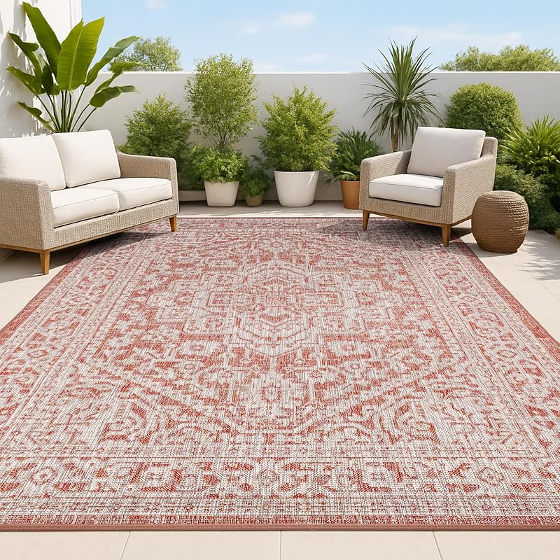 Alfombra exterior 8x10ft textura Sinjuri color rojo/gris