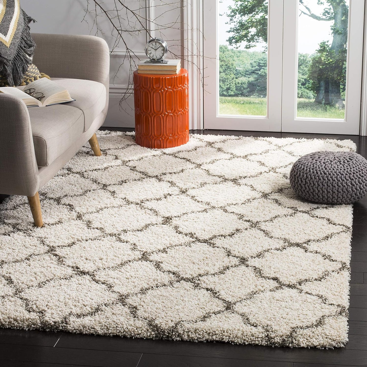 Alfombra 6x9pulg marfil gris diseño enrejado marroquí