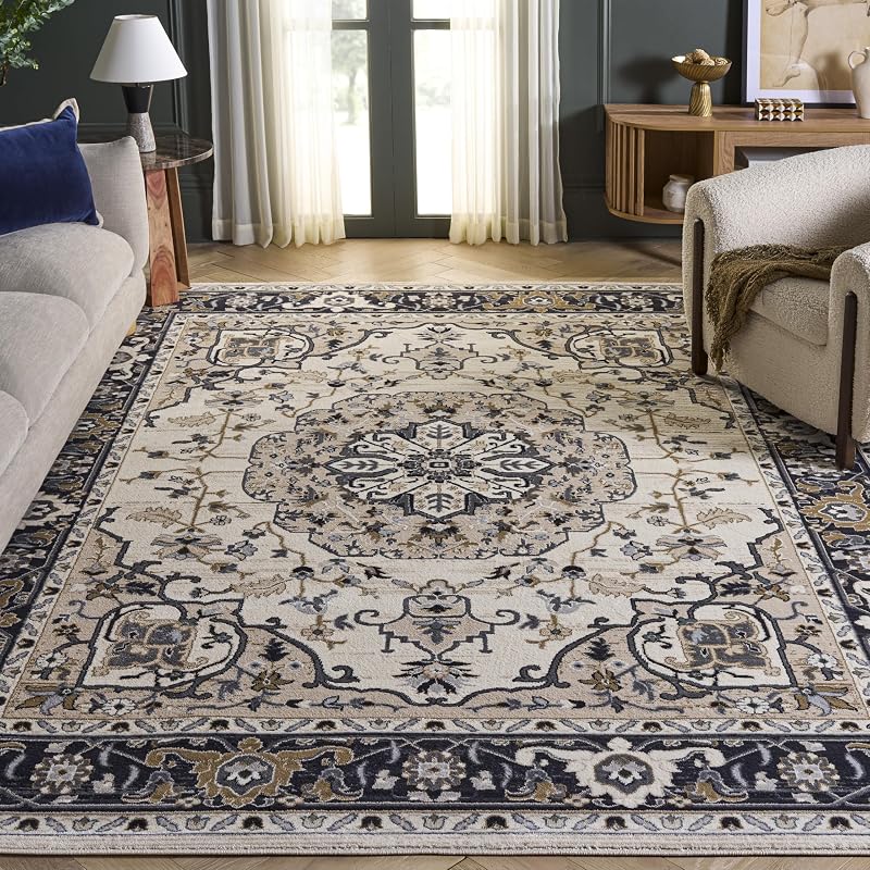 Alfombra área 8x10ft diseño oriental crema azul marino