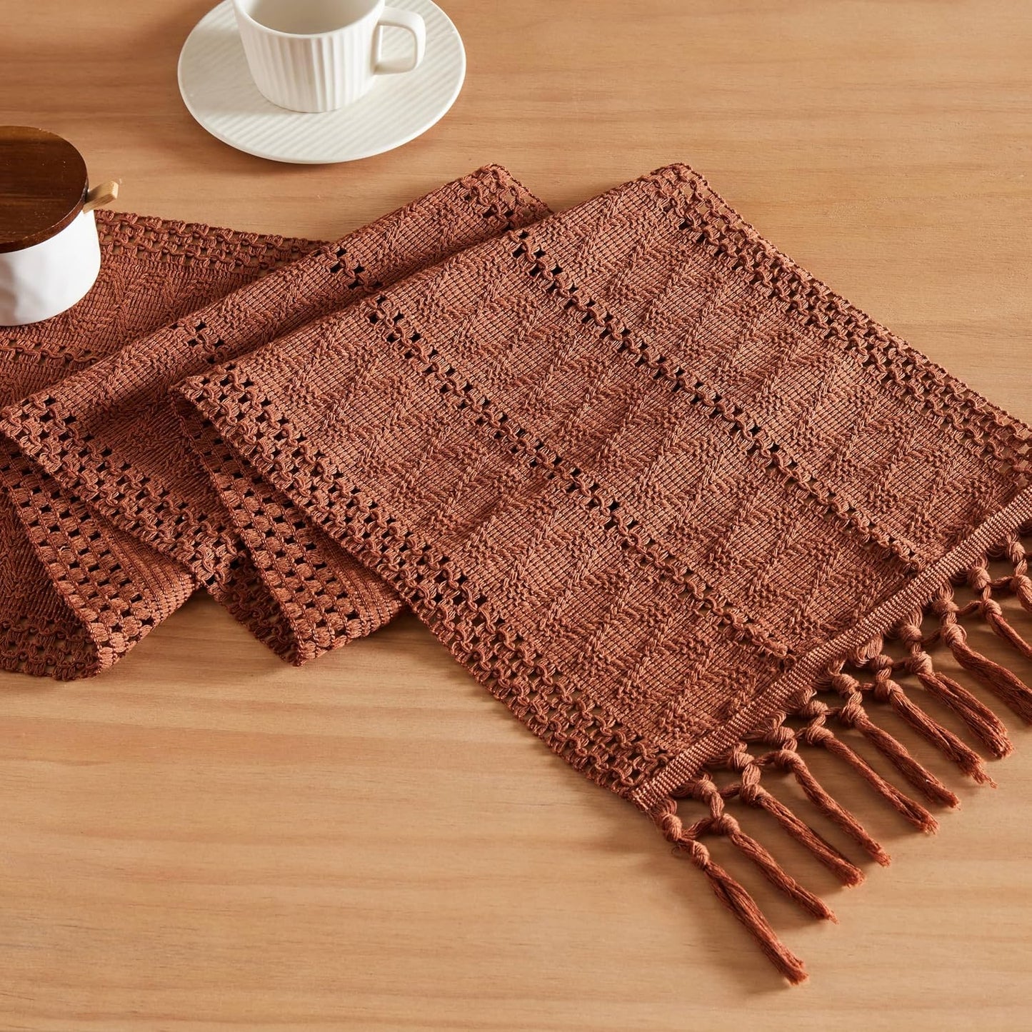 Camino mesa bohemio macramé terracota 12x36pulg