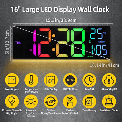 Reloj pared digital 16.2pulg 8 colores luz nocturna